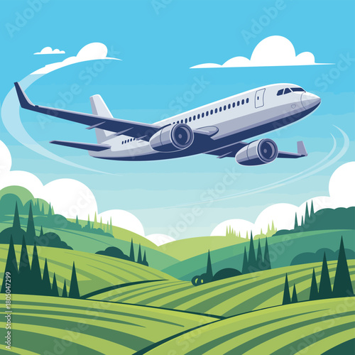 An airplane flies over green rolling hills and fields under a bright blue sky.