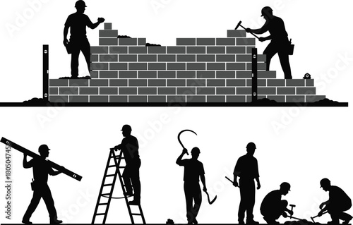 Construction workers silhouette set, builders laying brick wall, men working with tools, industrial labor vector collection, isolated.