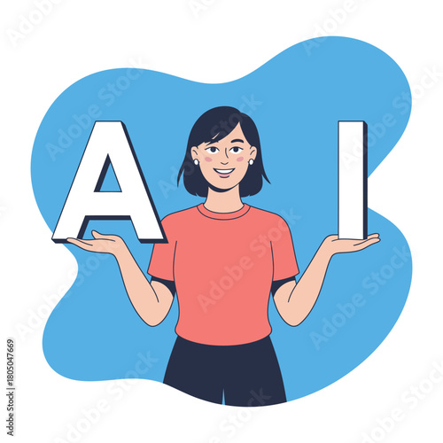 A woman holds up the letters 'A' and 'I' in a creative representation of artificial intelligence.