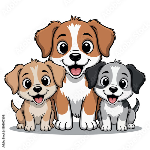 Three adorable cartoon puppies of different breeds are sitting together and smiling, showcasing a heartwarming canine family portrait.