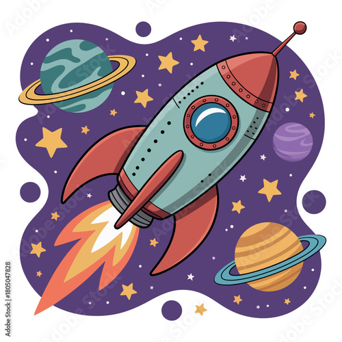 A stylized cartoon rocket ship blasts off through a colorful galaxy filled with planets and stars.