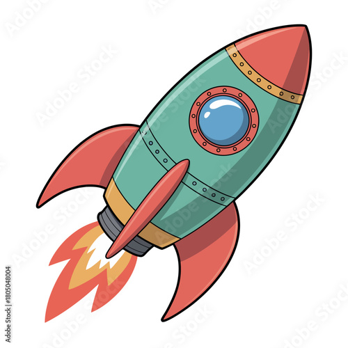 A cartoon rocket ship blasts off into space with fiery exhaust.