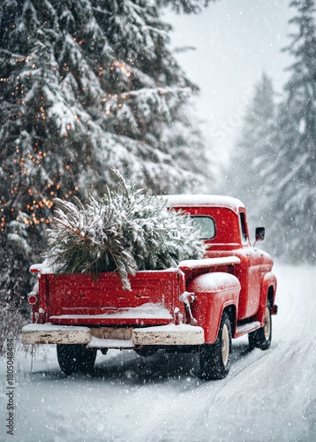 Nostalgic Christmas image of a vintage red pickup truck carrying a freshly cut pine tree on a snowy road through a winter forest during a snowfall