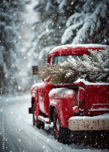 Nostalgic Christmas image of a vintage red pickup truck carrying a freshly cut pine tree on a snowy road through a winter forest during a snowfall
