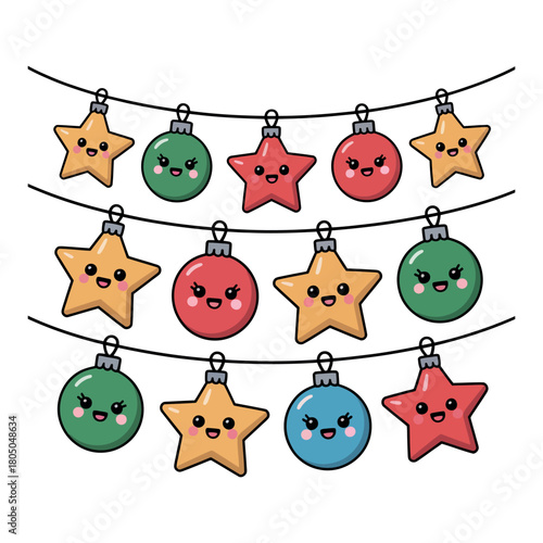 Cute cartoon Christmas ornaments and stars hang on decorative strings for holiday celebrations.