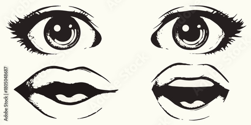 Stylized black and white manga style eyes and lips expressing emotion