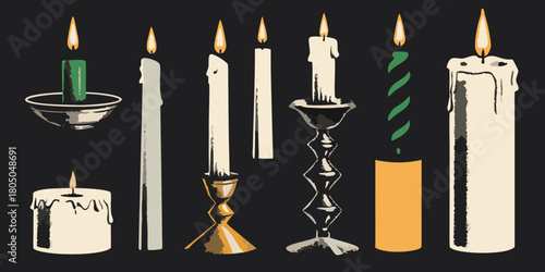 A collection of diverse lit candles in various holders and styles on a dark background