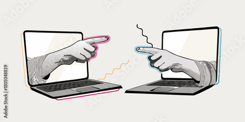 Two hands pointing at each other emerging from laptop screens representing digital communication and connection