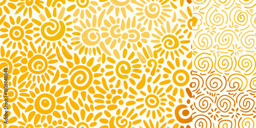 A cheerful seamless pattern of stylized yellow and orange suns and spirals on a white background