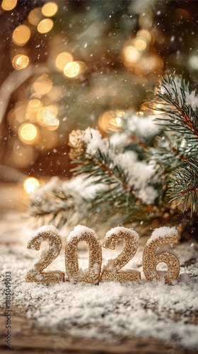 Cozy New Year 2026 title image featuring snow dusted golden numbers, a pine branch, and warm bokeh lights for holiday greeting and winter celebrations