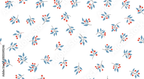 A delicate scattering of small red berries and blue leaves on a white background.