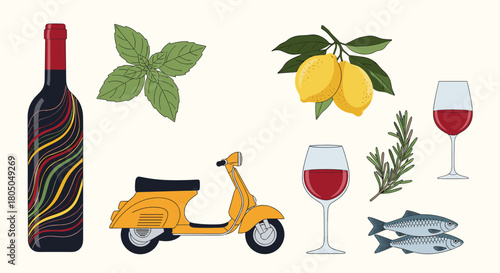 A vibrant collection of Italian icons including wine basil lemons a scooter rosemary and fish.