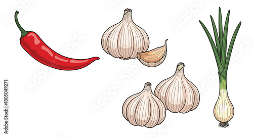 A vibrant assortment of fresh aromatic vegetables including chili pepper garlic and green onions.