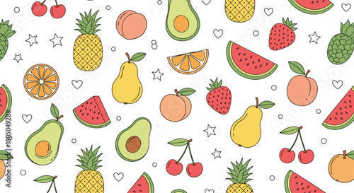 A charming and colorful pattern featuring an assortment of fresh fruits and cute little stars.
