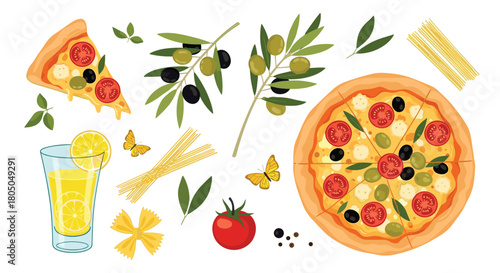 A vibrant collection of Italian food and drink elements including pizza olives and pasta.