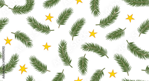 A festive pattern of green pine needles and yellow stars on a white background.
