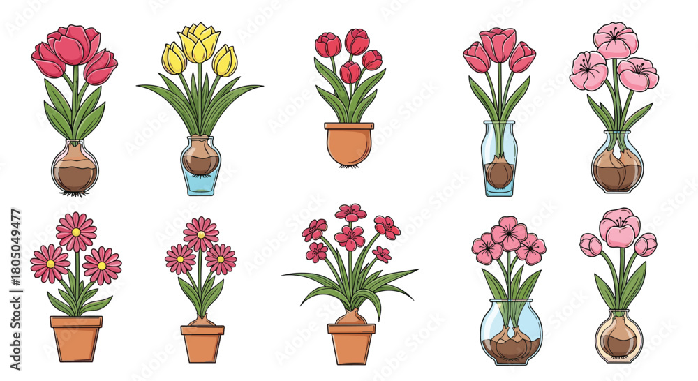 Obraz premium A collection of potted and vase-arranged blooming flowers in various colors and containers.
