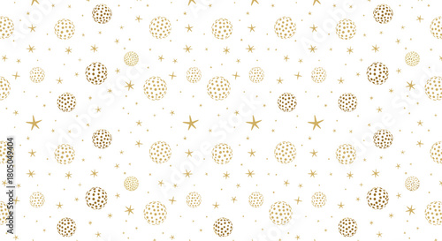 A repeating pattern of gold dots arranged in circles and scattered stars on a white background.