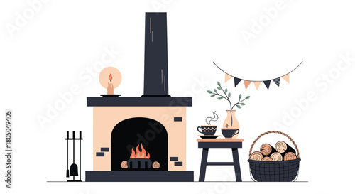 Cozy fireplace with tea and basket of flowers in a room setting.