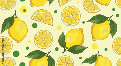 A close up pattern of whole lemons and sliced lemons with leaves and dots.