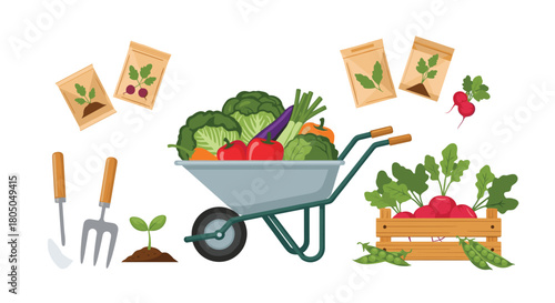 Cultivating a bountiful garden with fresh vegetables and essential gardening tools.