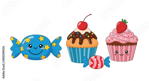 A collection of cute candy and cupcake characters with happy faces.