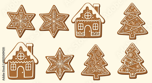 Festive gingerbread cookies shaped like stars houses and trees decorated with white icing.