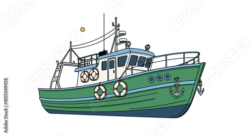 A green fishing trawler boat with a yellow ball in the sky.