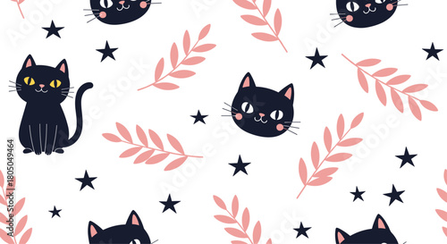 A cute black cat sitting among pink branches and stars.