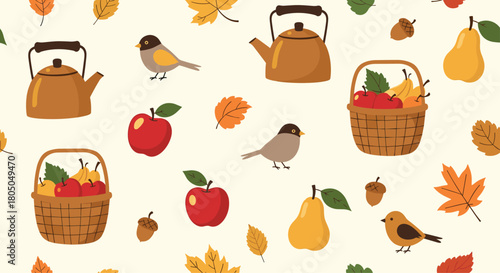 A charming autumn pattern featuring birds teapots apples pears and colorful fallen leaves.