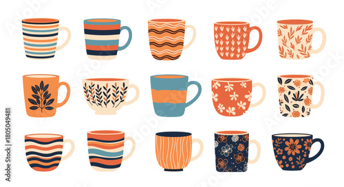 A collection of colorful pixel art mugs with various patterns and designs.