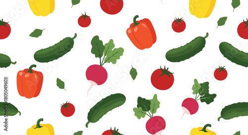 A vibrant and colorful pattern featuring an assortment of fresh vegetables like tomatoes bell peppers cucumbers and radishes.