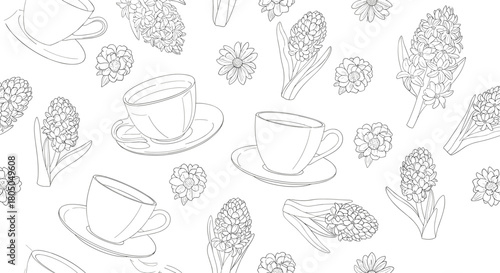 A whimsical abstract pattern featuring outline drawings of tea cups and leaves.