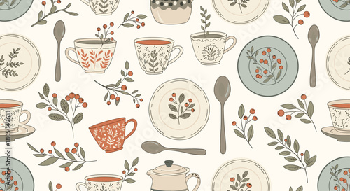 A charming folk art pattern featuring tea cups plates and silverware.