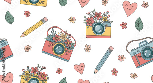Vintage cameras and flowers seamless pattern with happy hearts and pencils.