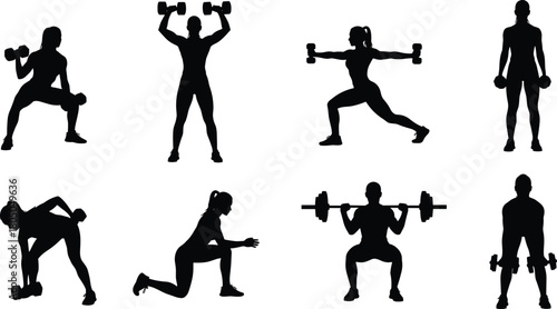 Female fitness silhouette set, woman working out with weights, gym training poses, sport vector collection isolated.