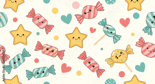 Cute smiling stars and colorful candies scattered across a light background.