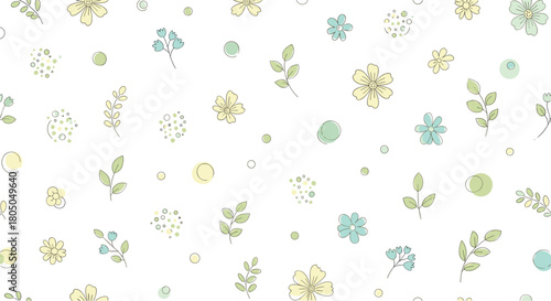 A delicate watercolor floral pattern with scattered leaves and dots.