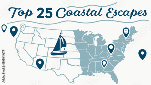 “Top 25 coastal escapes in nautical layout, clean vector”