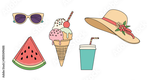 A delightful collection of summer icons including sunglasses an ice cream cone and a slice of watermelon.