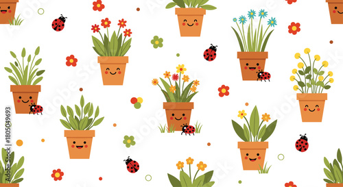 A charming garden pattern featuring happy potted plants and ladybugs.