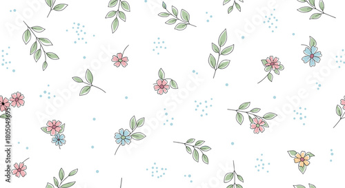 A delicate and charming seamless pattern featuring tiny wildflowers and scattered leaves.