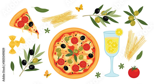 A vibrant collection of Italian food and drink items presented in a playful style.