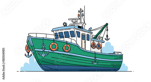 A green fishing boat is sailing on the blue sea with white clouds.