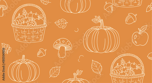 A charming autumn pattern featuring pumpkins apples and fall leaves.
