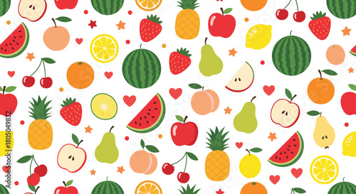 A colorful pixelated pattern of various fresh fruits like watermelons apples and pineapples.