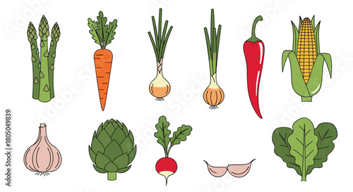 A vibrant assortment of fresh garden vegetables and produce including asparagus carrots onions peppers and corn.