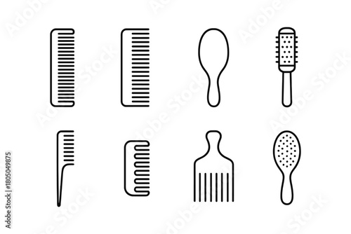 Minimalist black outline set of various hair combs and brushes icons