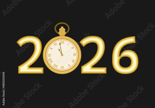 Año nuevo 2026 con un reloj de bolsillo de oro y fondo oscuro para una celebración elegante