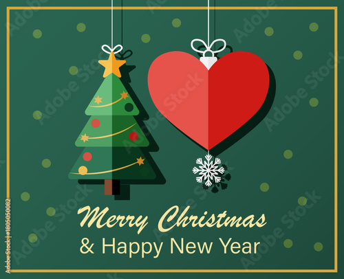 Tarjeta de felicitación de navidad y año nuevo con árbol y adorno de corazón rojo, diseño plano y festivo